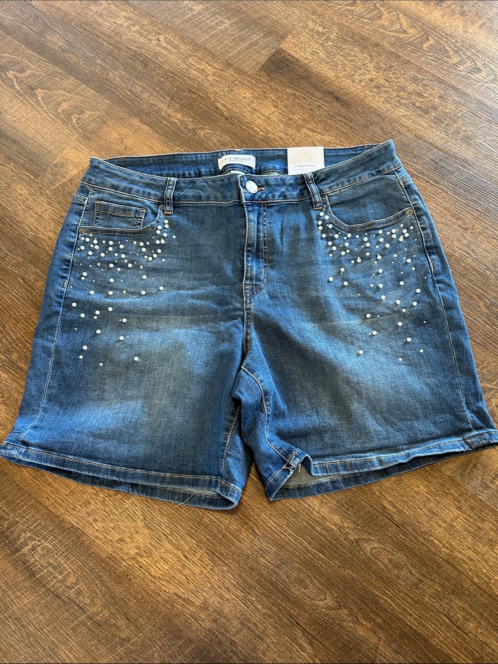 Lane Bryant Blue Denim Shorts with Pearl Stud Embellishments